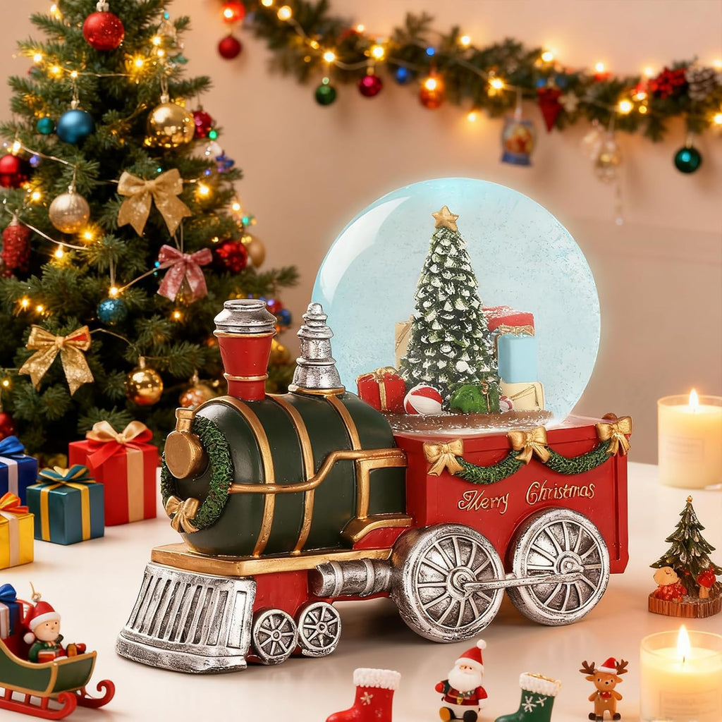 Lighted Musical Christmas Train Snow Globe Lantern with Christmas Trees, Battery Operated Water Glittering Lantern