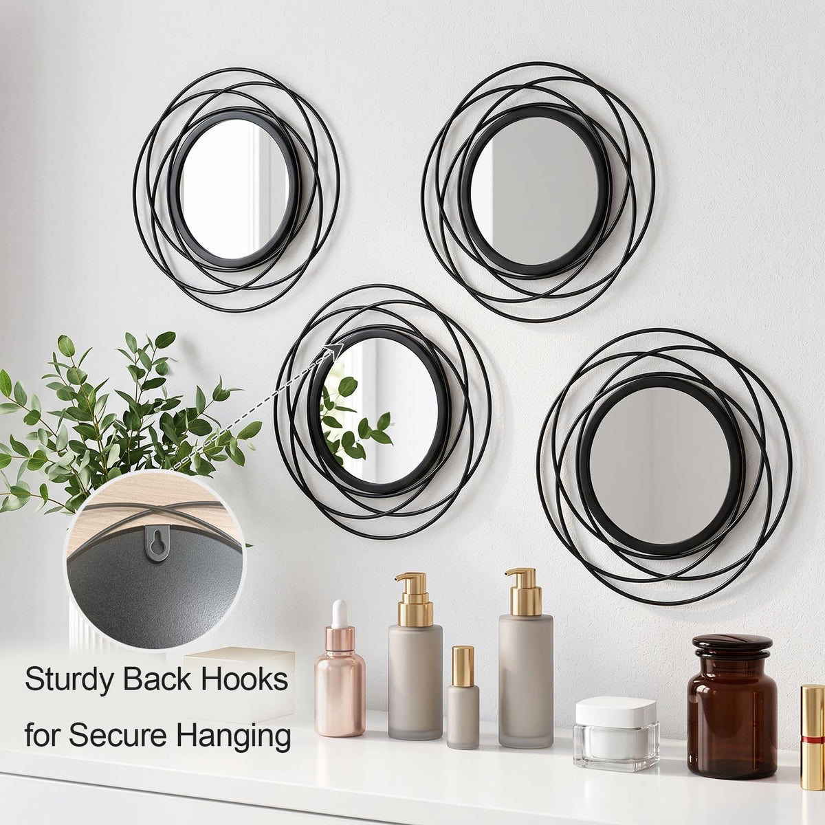 Set of 4 Decorative Wall Mirrors,9 Inch Modern Metal Frame Round Accent Mirrors Abstract Wall Art Decor Bedroom