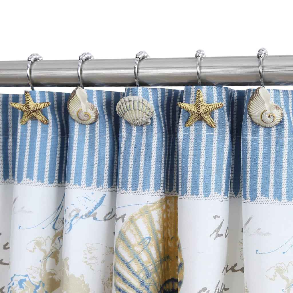 Coastal Seashell Shower Curtain Hooks, Under the Sea Beach Starfish Bathroom Shower Curtain Hooks Rust Proof, 5