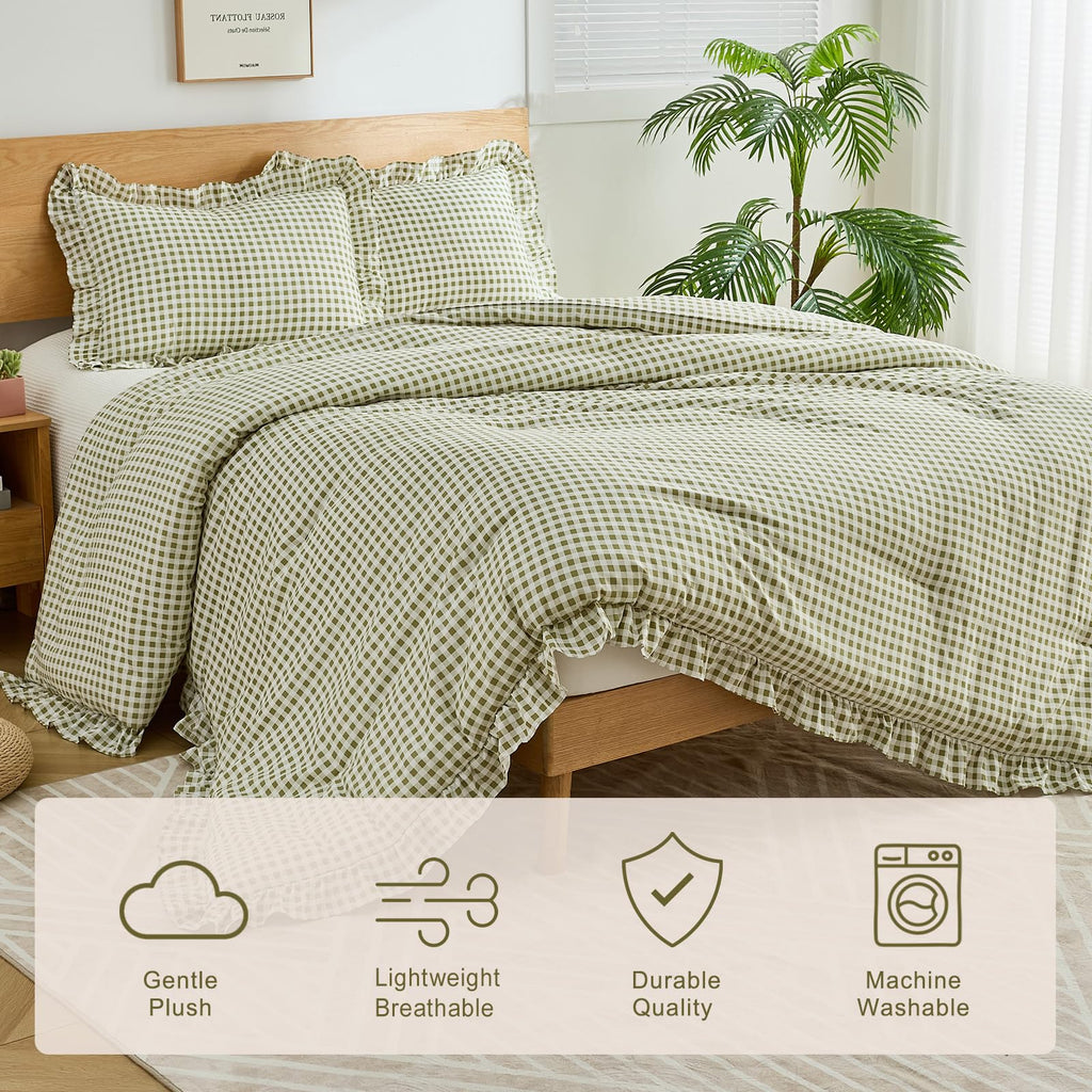 Ruffle Gingham Comforter Set Sage Plaid Farmhouse Bedding
