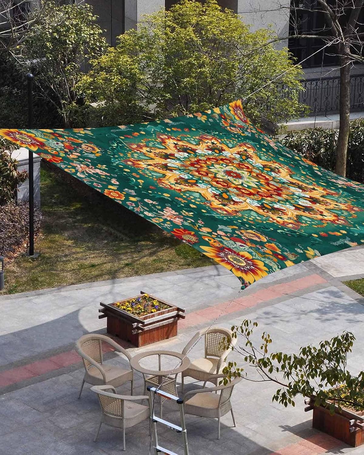 Boho Flower Sun Sail Shades Rectangle Canopy,Sunlight Block Heavy Duty Curved Backyard Shade Cover,Yellow Green