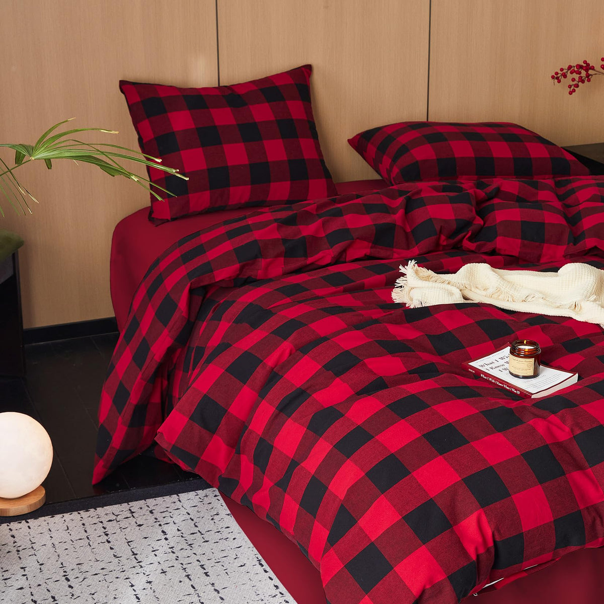 Gingham Cotton Duvet Cover Set, Plaid Buffalo Check Checkered Farmhouse, 100% Washed Cotton Textured Bedding Set, 3