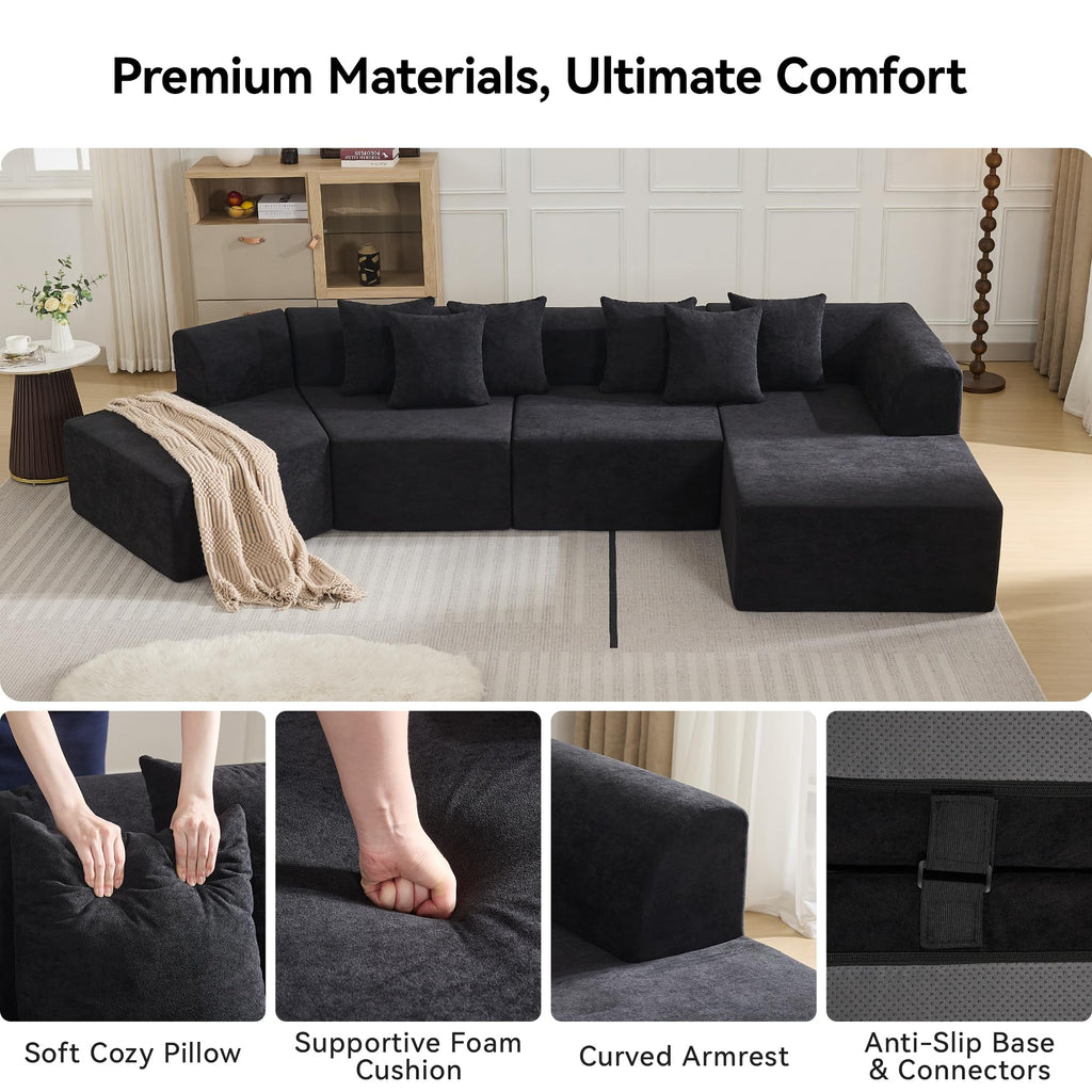 140''Oversized Cloud Velvet Curved Sectional Couch, Boneless Couch with L-Shape Chaise, Upholstered Compression