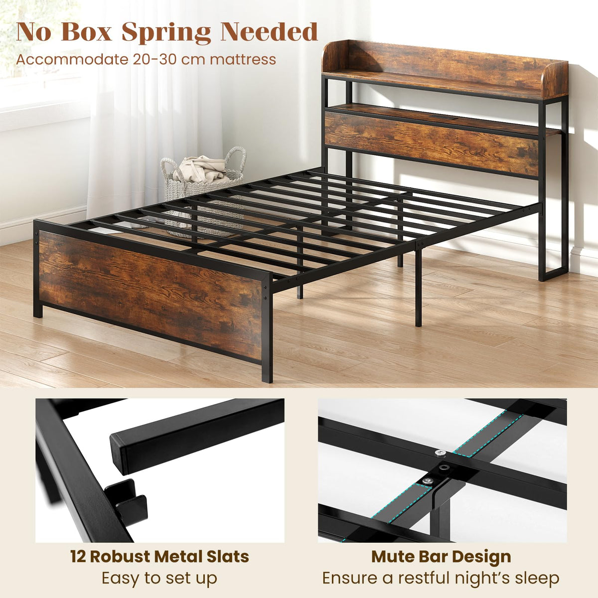 Bed Frame with Storage Headboard, Metal Platform Bed w/LED Light & Charging Station, Heavy Duty Slat
