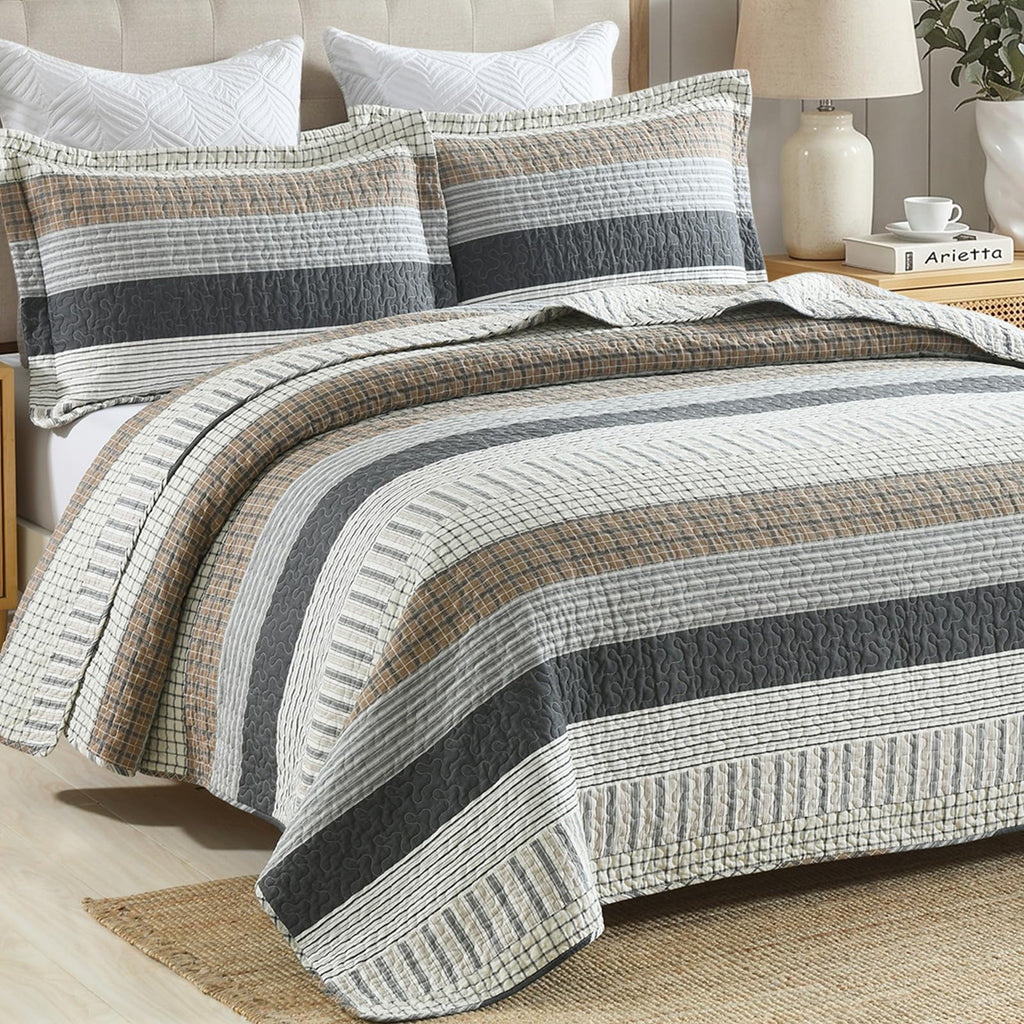 100% Cotton Modern Farmhouse Quilt Set, Neutral, Gray