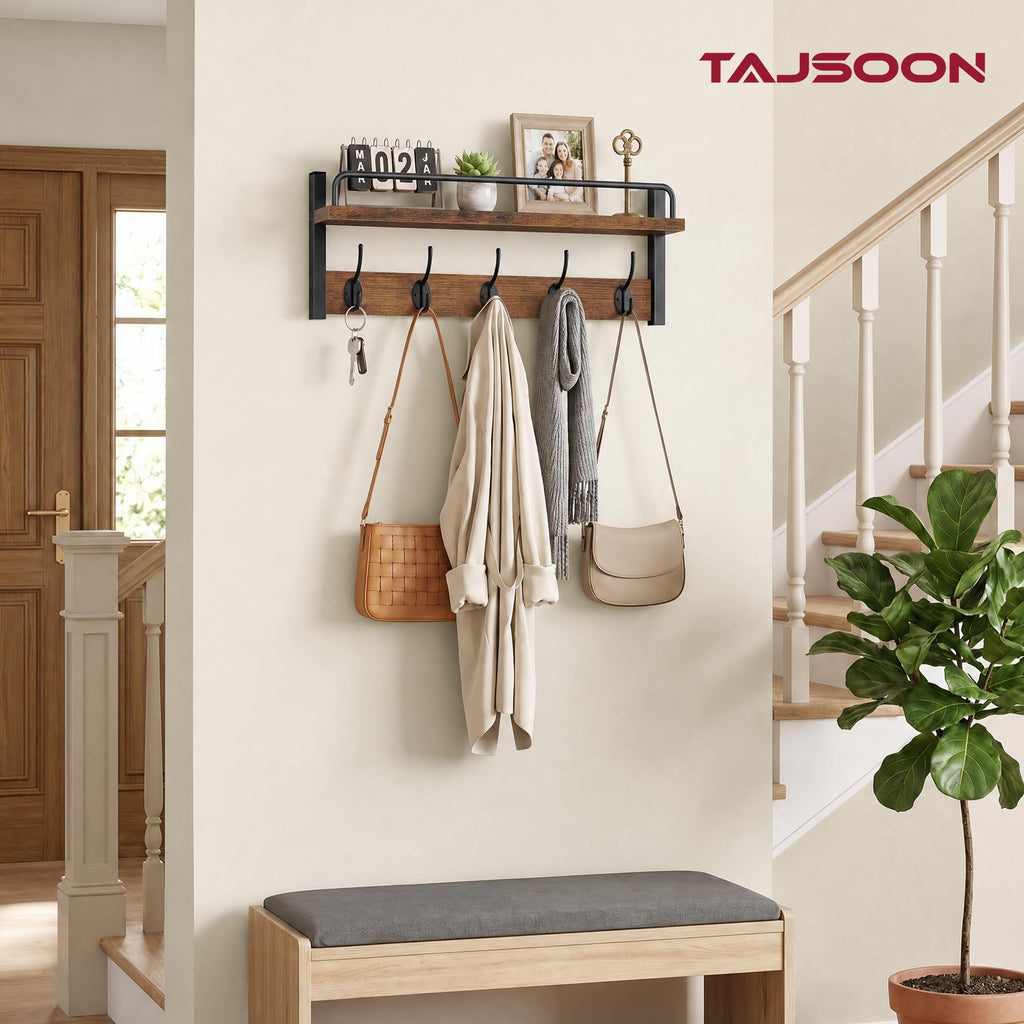 32.6"(16.3"*2) Wall Hooks with Shelf and Guardrail, Rustic Brown