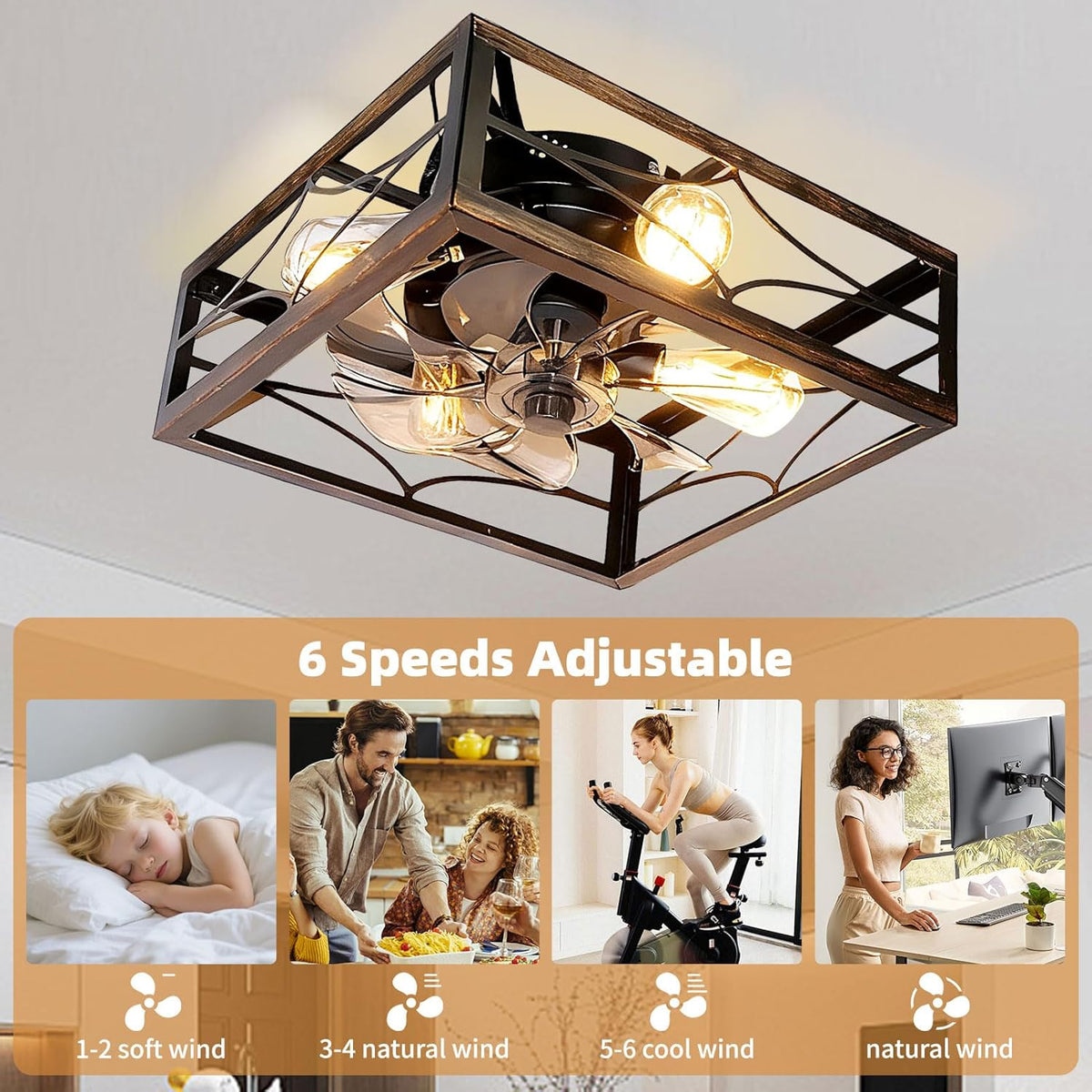 16" Flush Mount Caged Ceiling Fan with Light & Remote