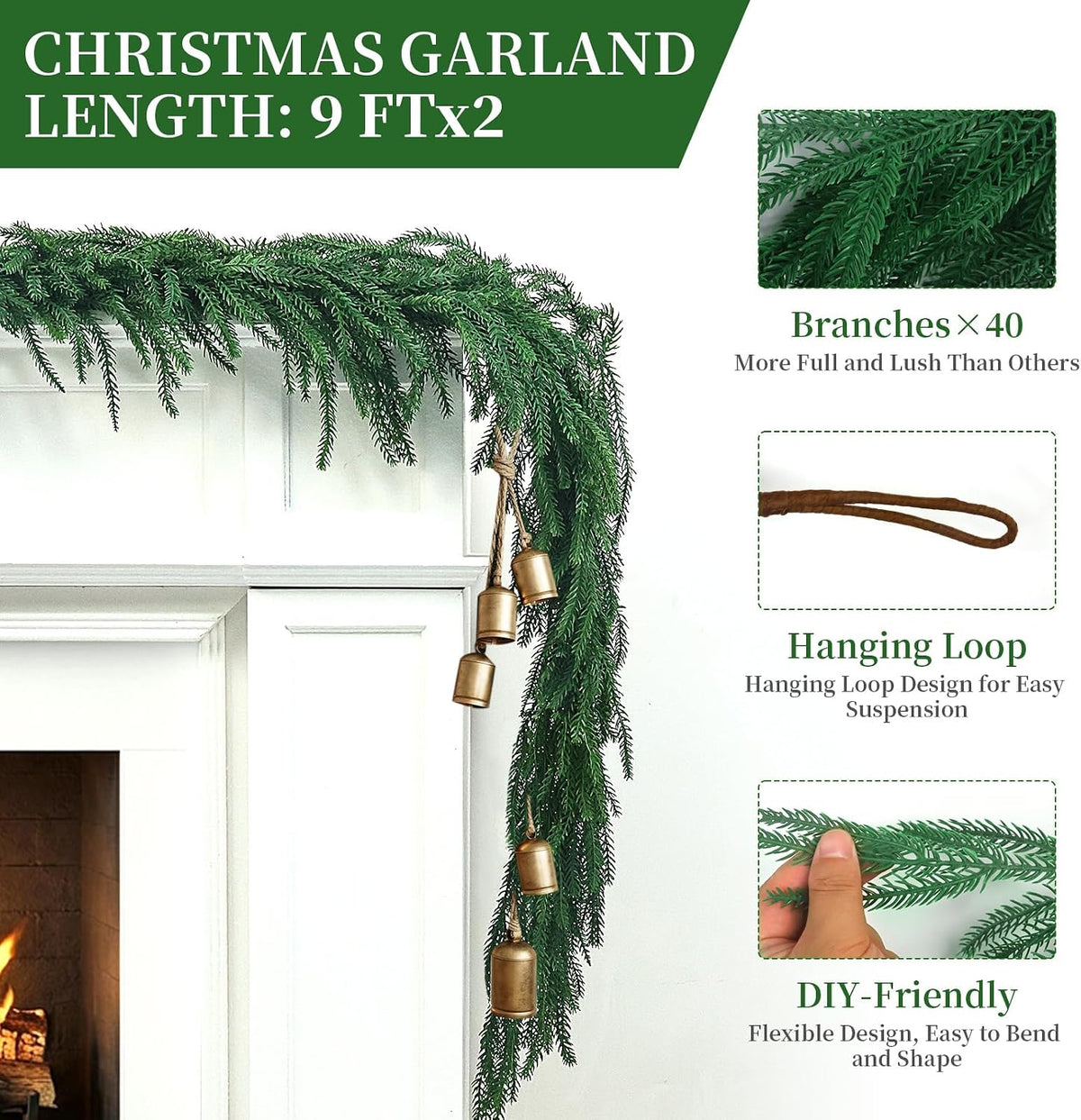 9Ft 2Pcs Artificial Norfolk Pine Garland, Real Touch Faux Greenery for Fireplace Mantel Staircase Wall, Christmas