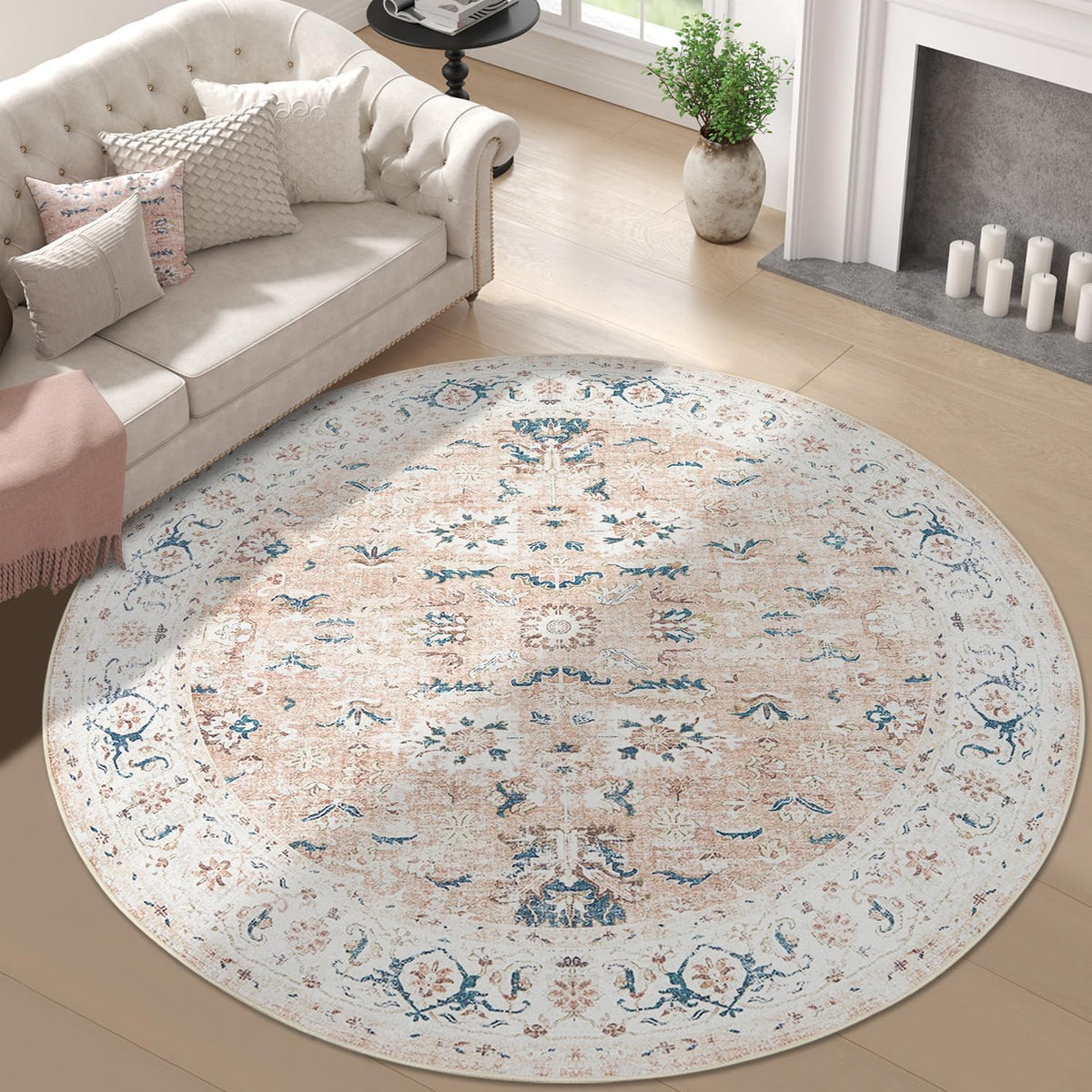 Vintage Floral Round Rug, 8ft Pink Blush, Washable Non Slip