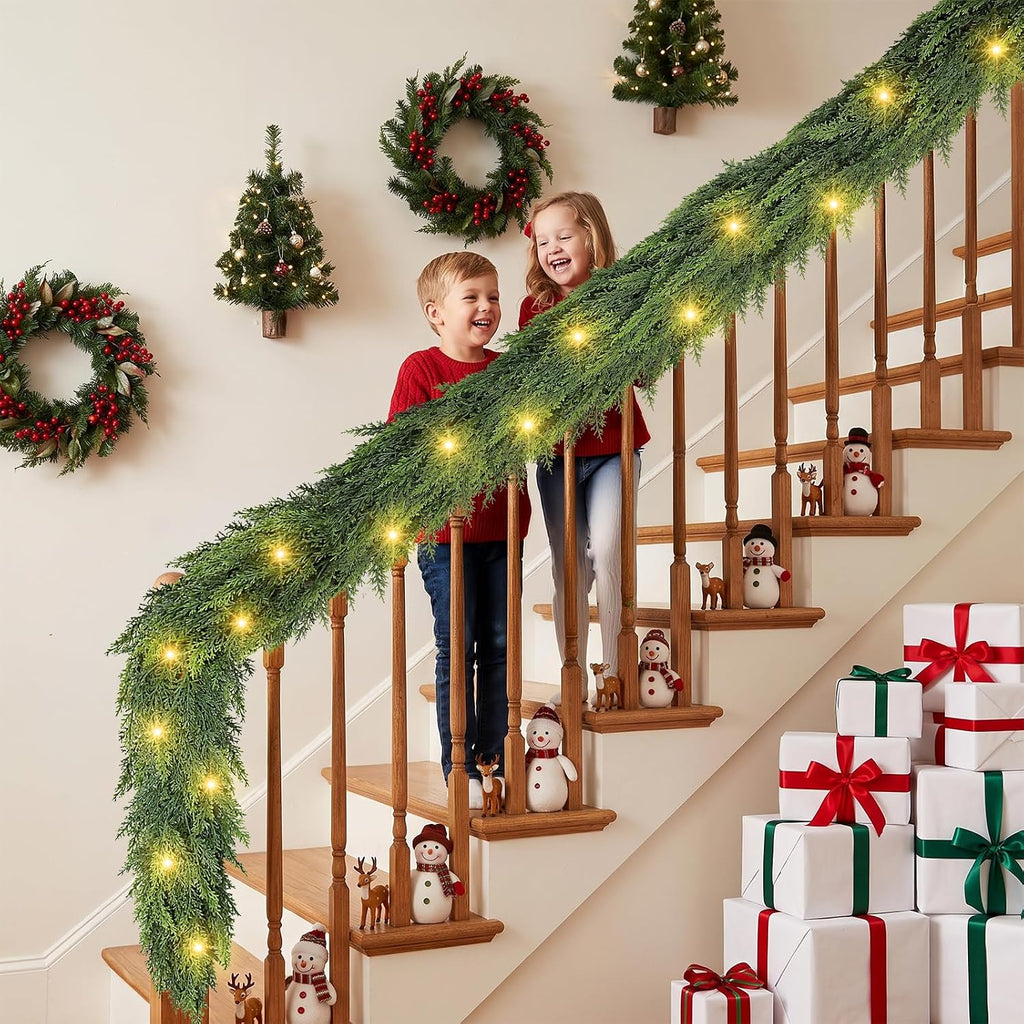 18 FT (2 * 9FT) Cedar Garland with Lights - Realistic Prelit Christmas Garlands for Mantle, Stairs, Fireplace, Indoor
