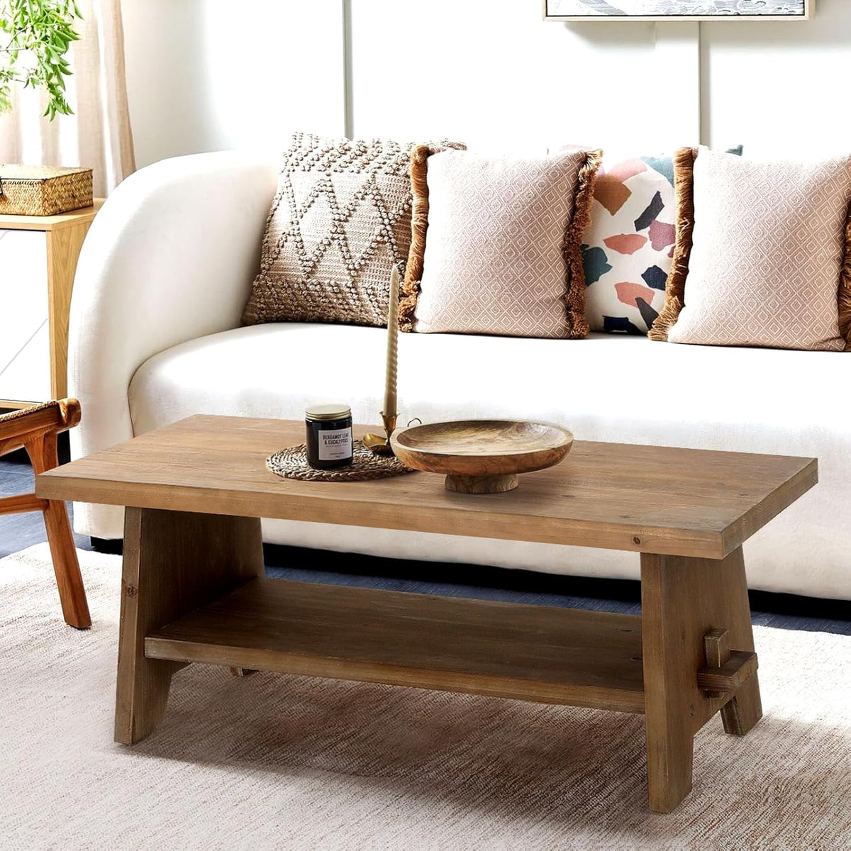 Farmhouse Wood Coffee Table - 43.4” Mid Century Modern Wooden Coffee Tables