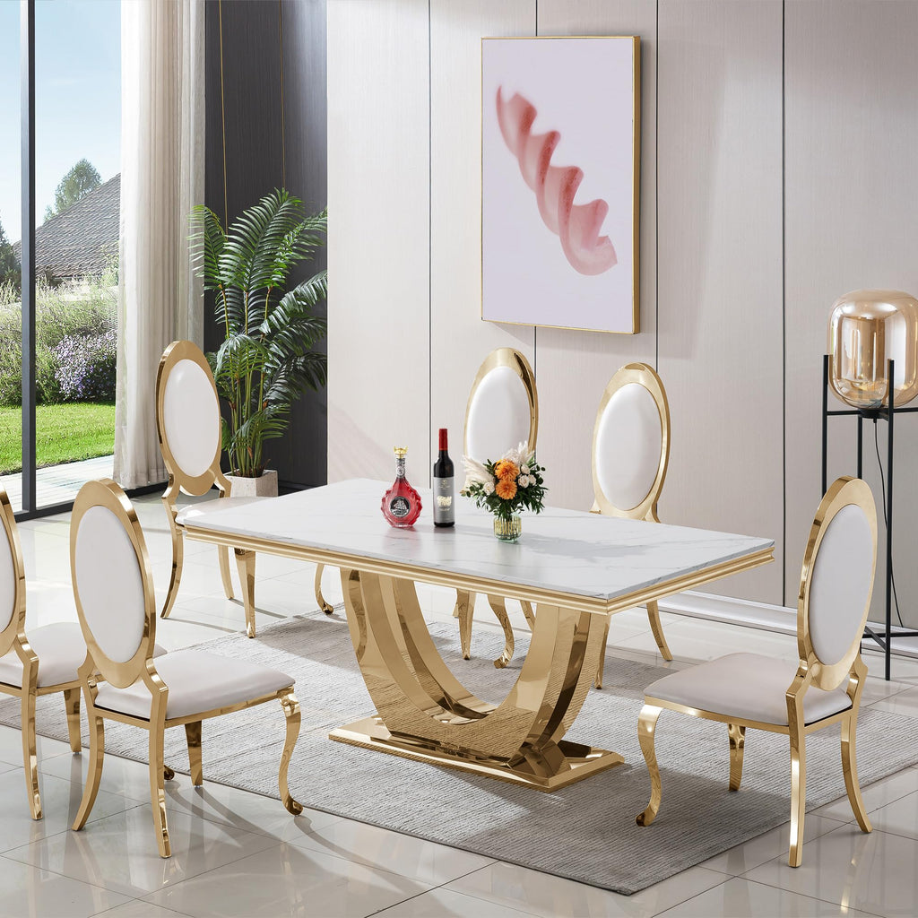 Luxury White Marble Dining Table for 4-6 People Rectangular Faux Marble Kitchen Table 68" Large Long Dining Room