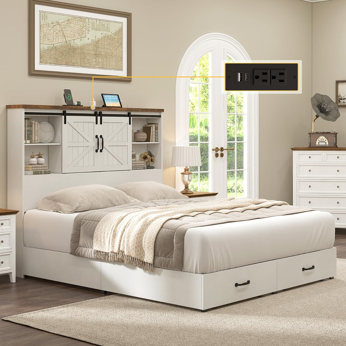 Farmhouse Bed Frame with 51.2" Bookcase Headboard, Wooden Platform Bed with 2 Drawers, Sliding Barn Door