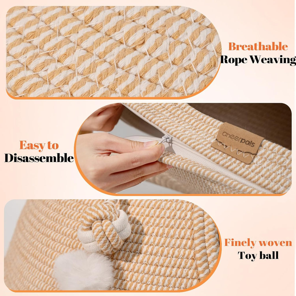 Cat Cave Bed with Washable Cushion and Ball, Handwoven Cotton Rope Cat Basket Bed for Indoor Cats Bed Covered, 3-in-1