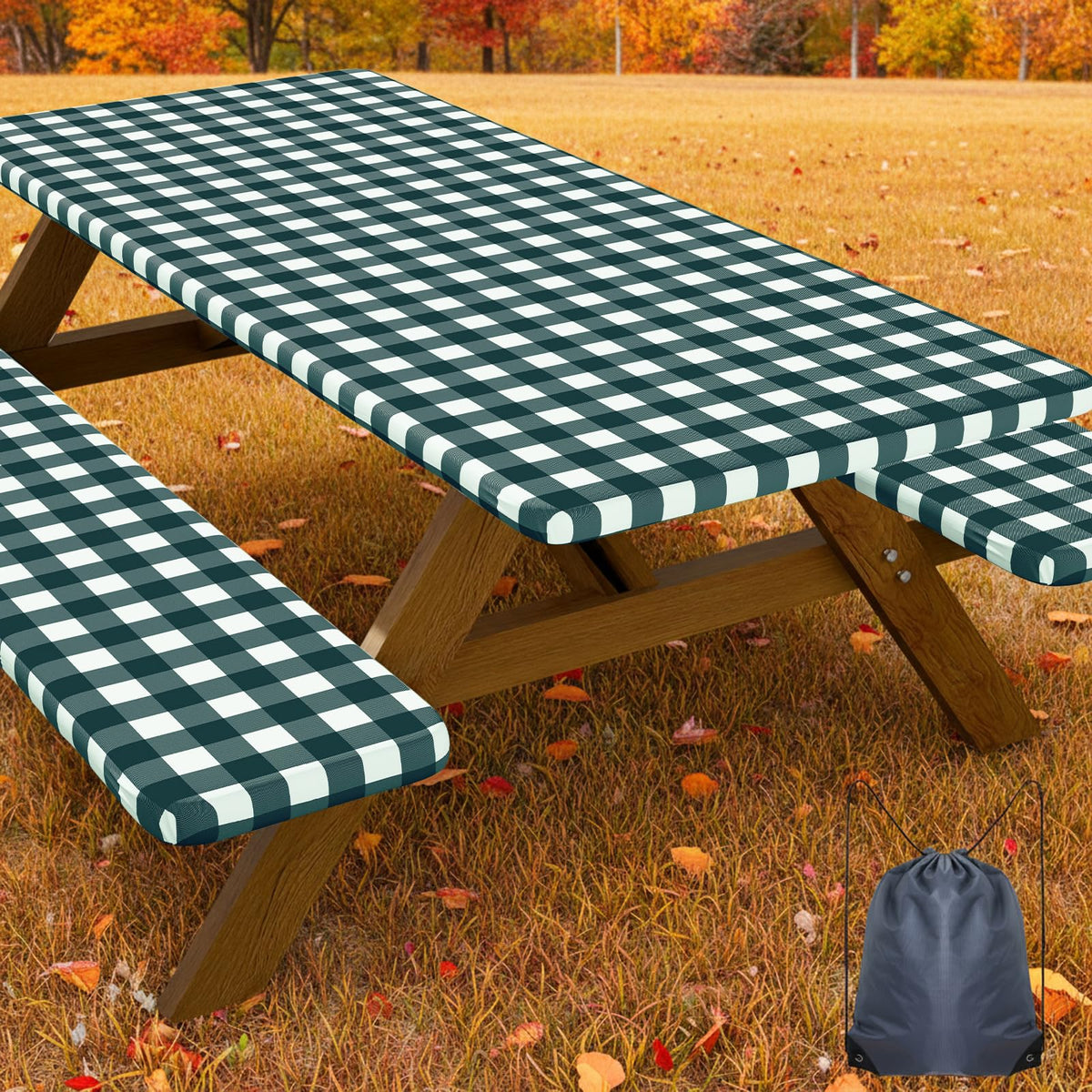 8FT Picnic Table Cover with Bench Covers, Elastic Fitted Tablecloth