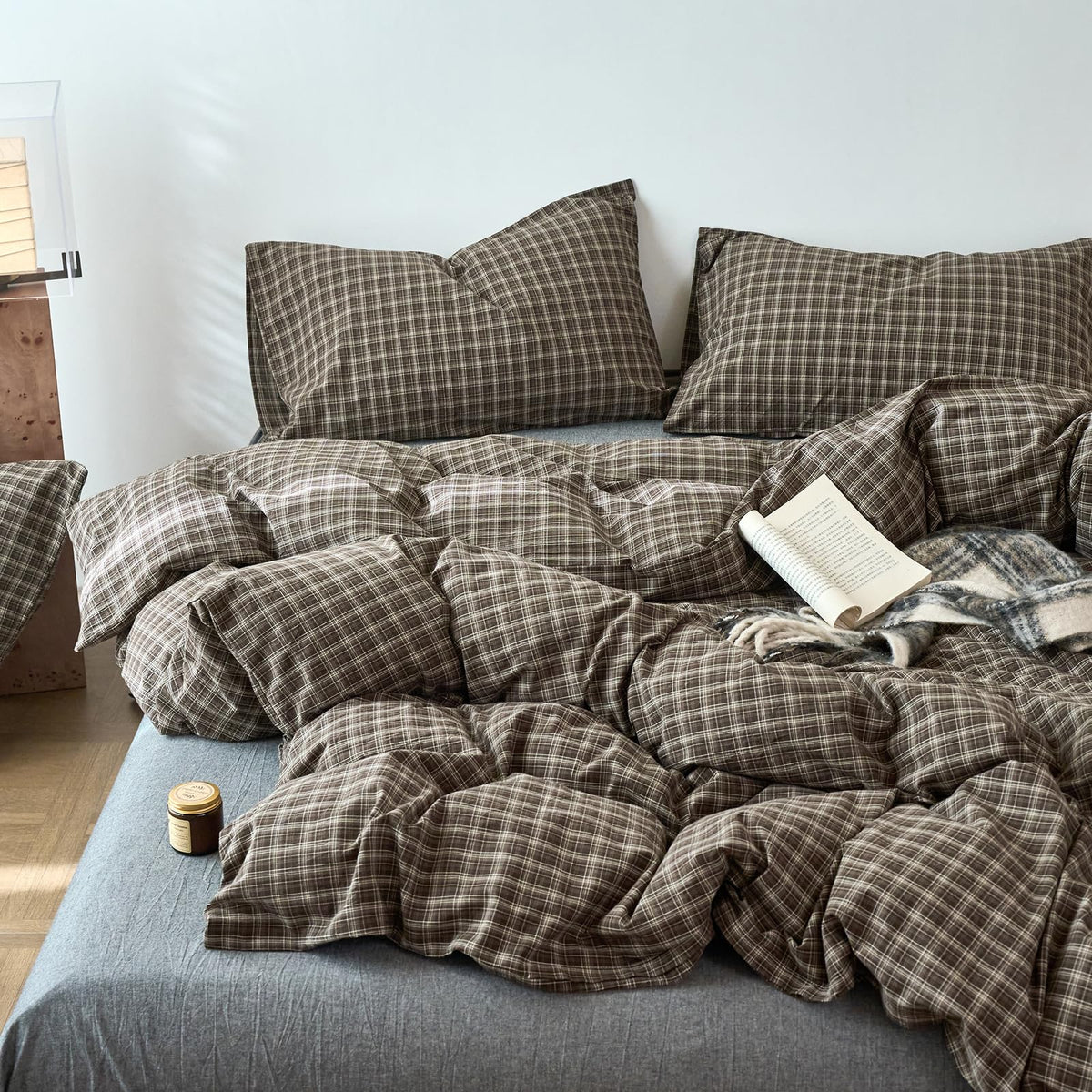 Vintage Buffalo Plaid Duvet Cover Set, 3 Piece Washed Cotton Brown Gingham Duvet Cover with 2 Pillowcases