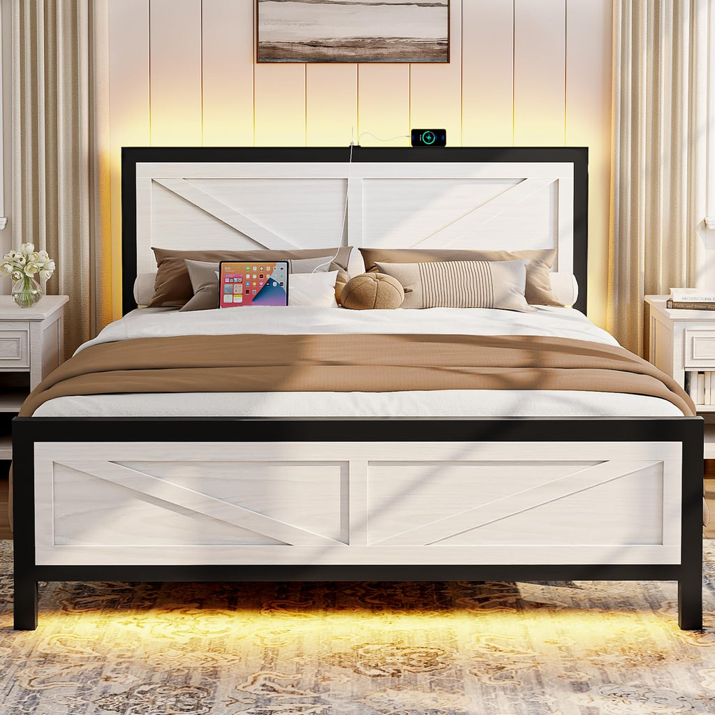 Rustic Farmhouse Bed Frame, Barn Door Headboard, White