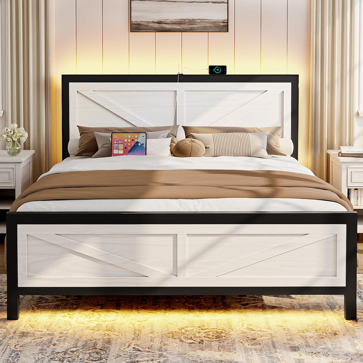Rustic Farmhouse Bed Frame, Barn Door Headboard, White