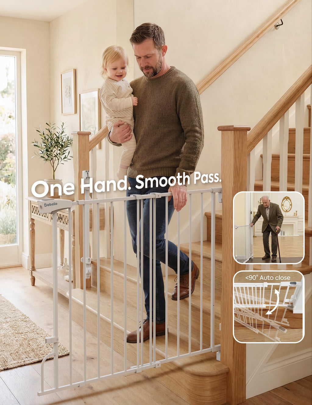 Removable & No Bottom Bar Baby Gate, 35.5-55" Hardware Mounted (Drill Needed)| Wide Walk-Thru| Auto-Close Safety