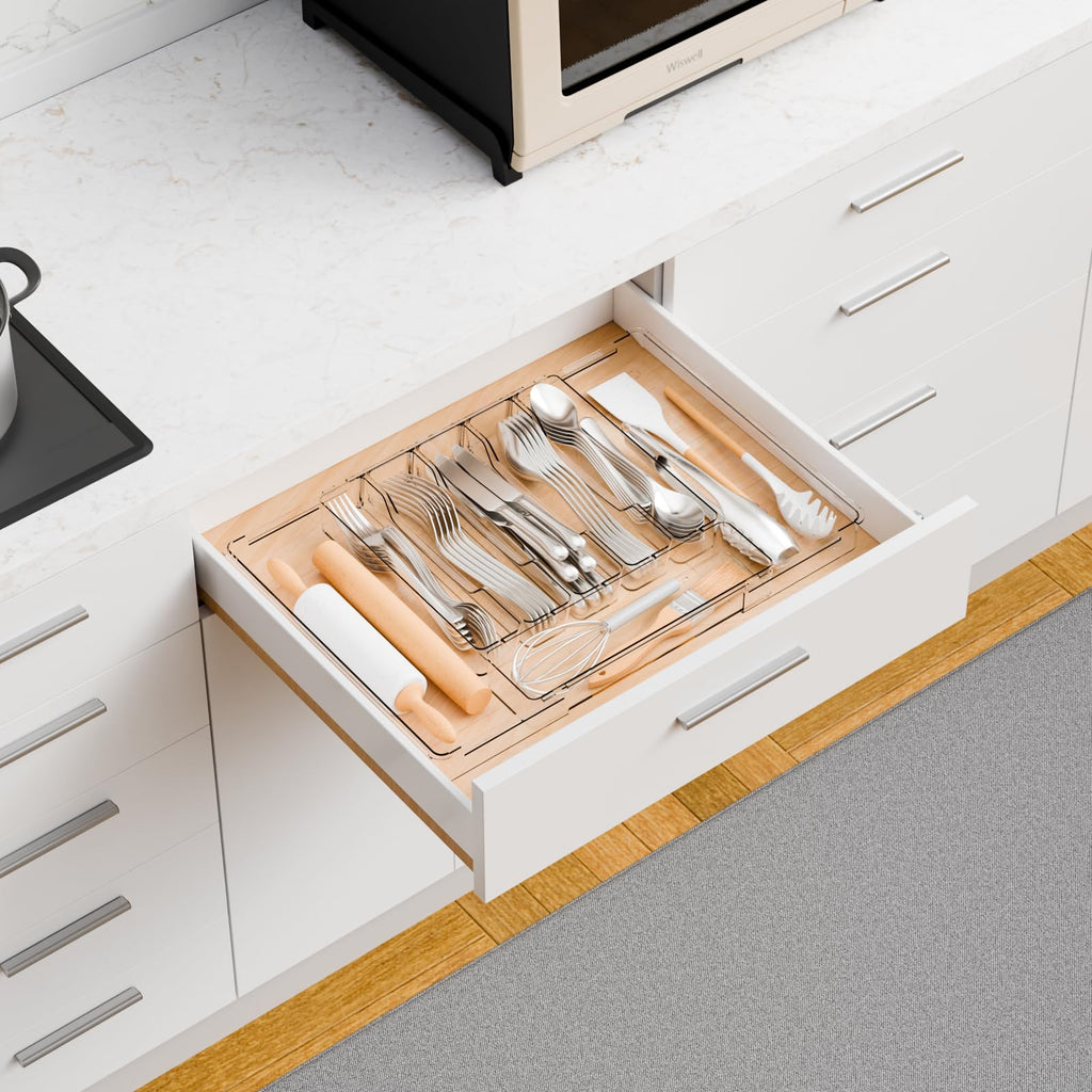 Large Clear Expandable Silverware Drawer Organizer,BPA FREE Adjustable Utensil Drawer Organizer and Silverware