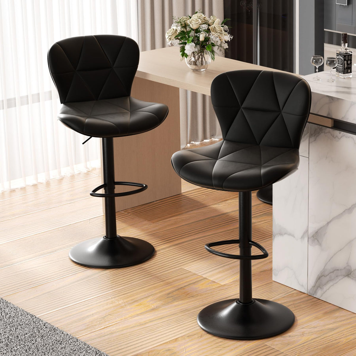 Modern Bar Stools Set of 2, Adjustable Faux Leather Upholstered Swivel Bar Stools, Counter Height Bar Chairs with