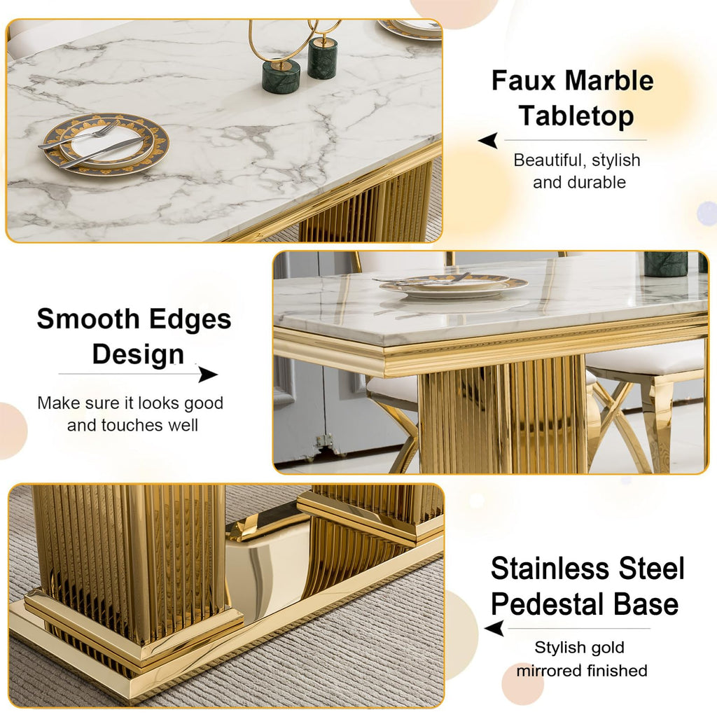 68 in Faux Marble Dining Table for 4-6, White Marble Dining Table with Gold Stainless Steel Base, Luxury Rectangular