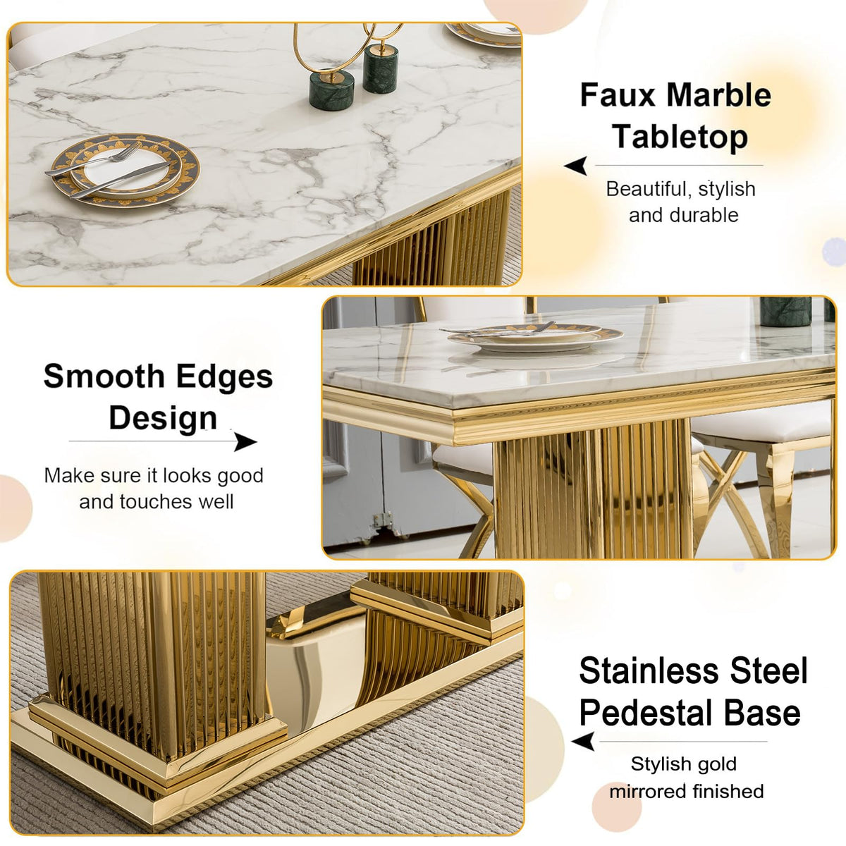 68 in Faux Marble Dining Table for 4-6, White Marble Dining Table with Gold Stainless Steel Base, Luxury Rectangular