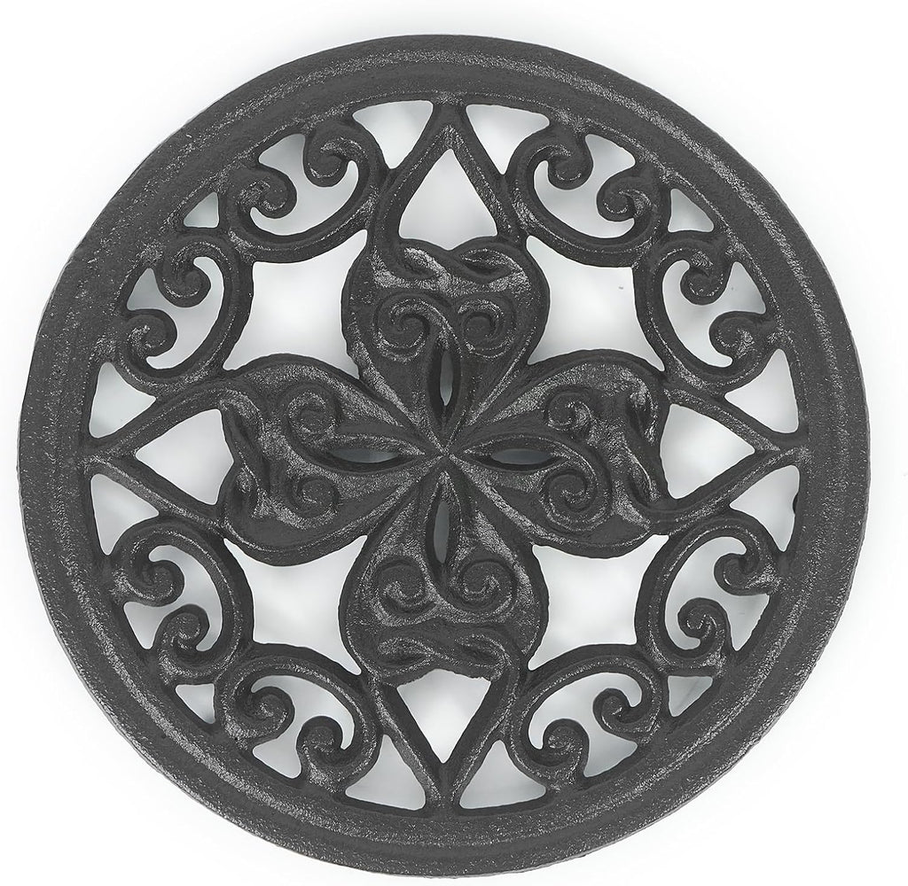 7 Inch Cast Iron Trivet, Round Heavy Duty Hot Pot Holder with Vintage Floral Design, Heat Resistant Mat