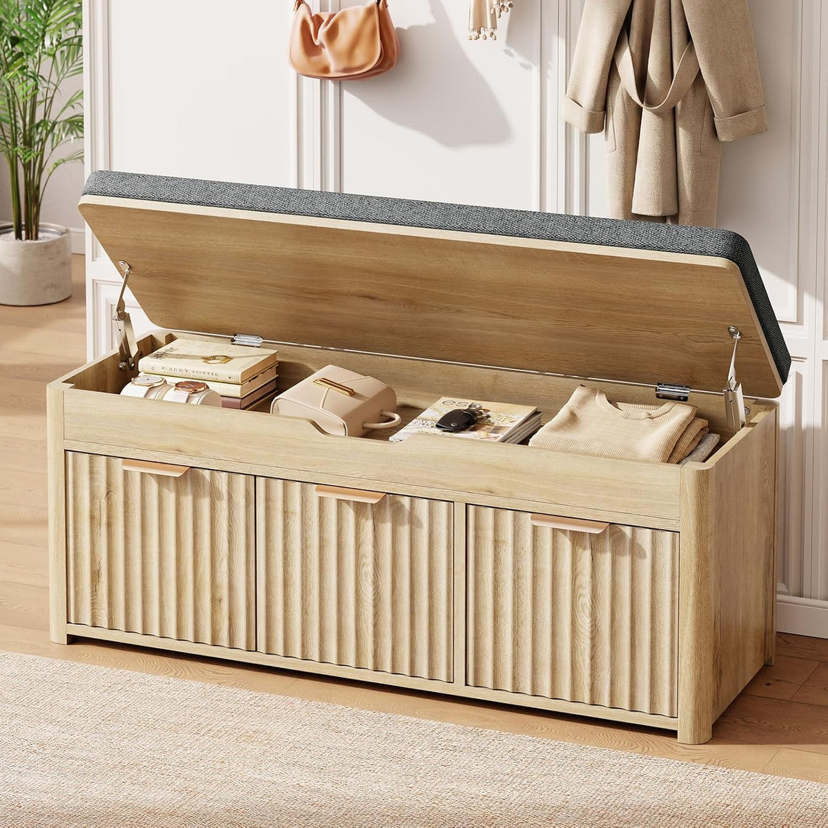 37.4" W Shoe Bench with Storage, Lift Top Entryway Bench, Natural | 2-Tier Adjustable Shoe Rack with Cushioned Seat
