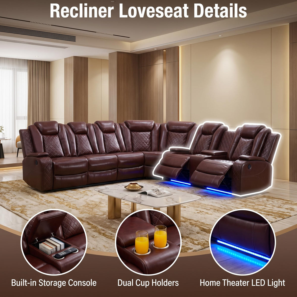 PU Leather Power Recliner Sectional, L-Shape Reclining Couch