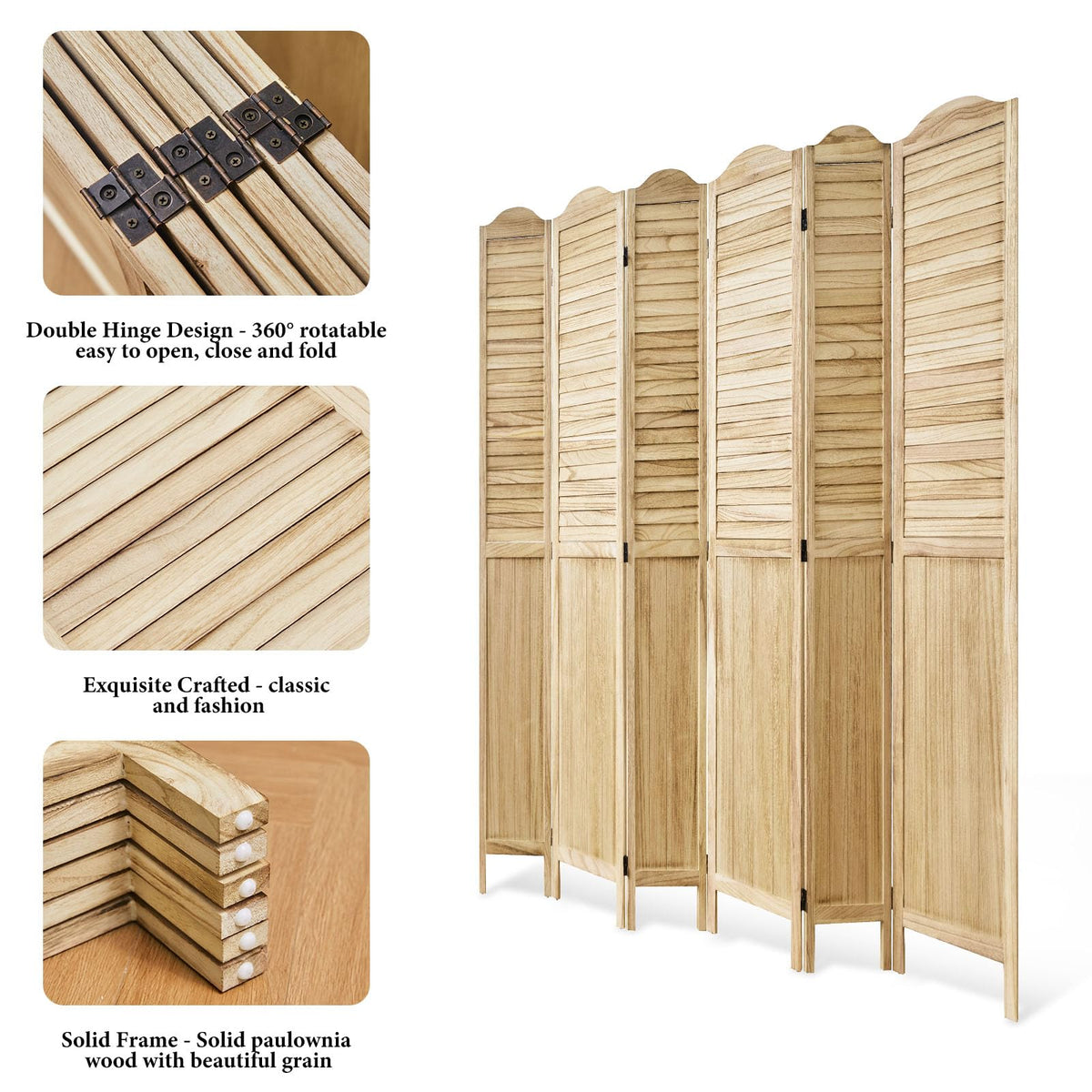 Room Dividers, 5.75Ft Individual Privacy Screens Foldable Wooden Louver & MDF Stable Wall Divider Bedroom, 6 Panels