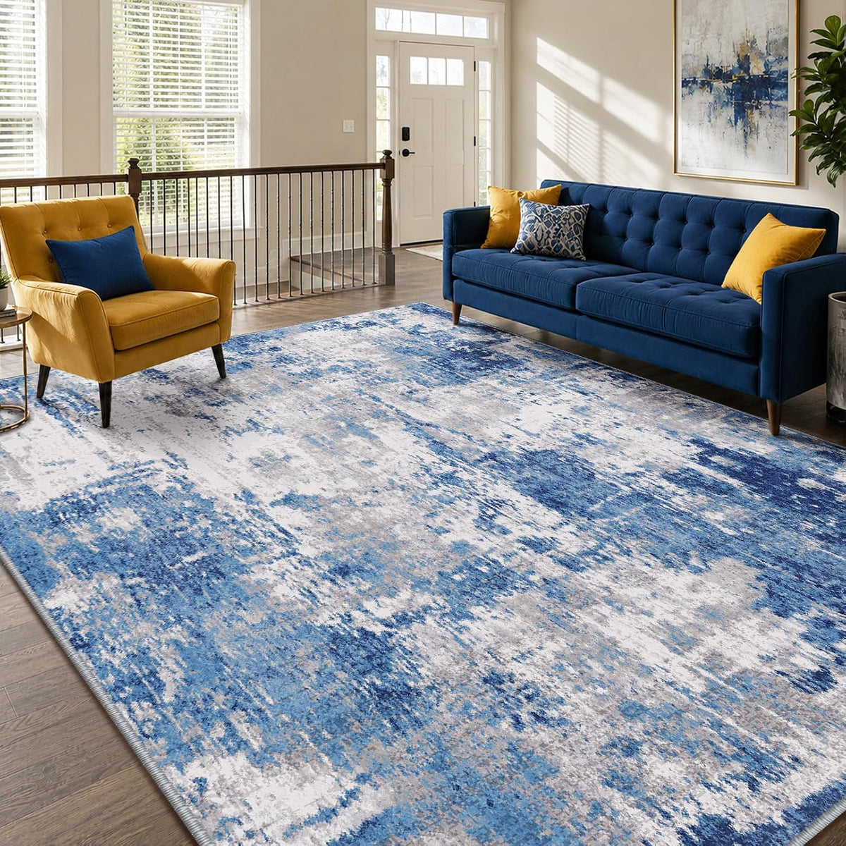 Washable Abstract Area Rug Blue Gray
