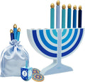 Mini Blue Hanukkah , 5" Inch Children Wooden Chanukah Set with Removable Wooden Candles, 3" Inch Dreidel, and Gelt