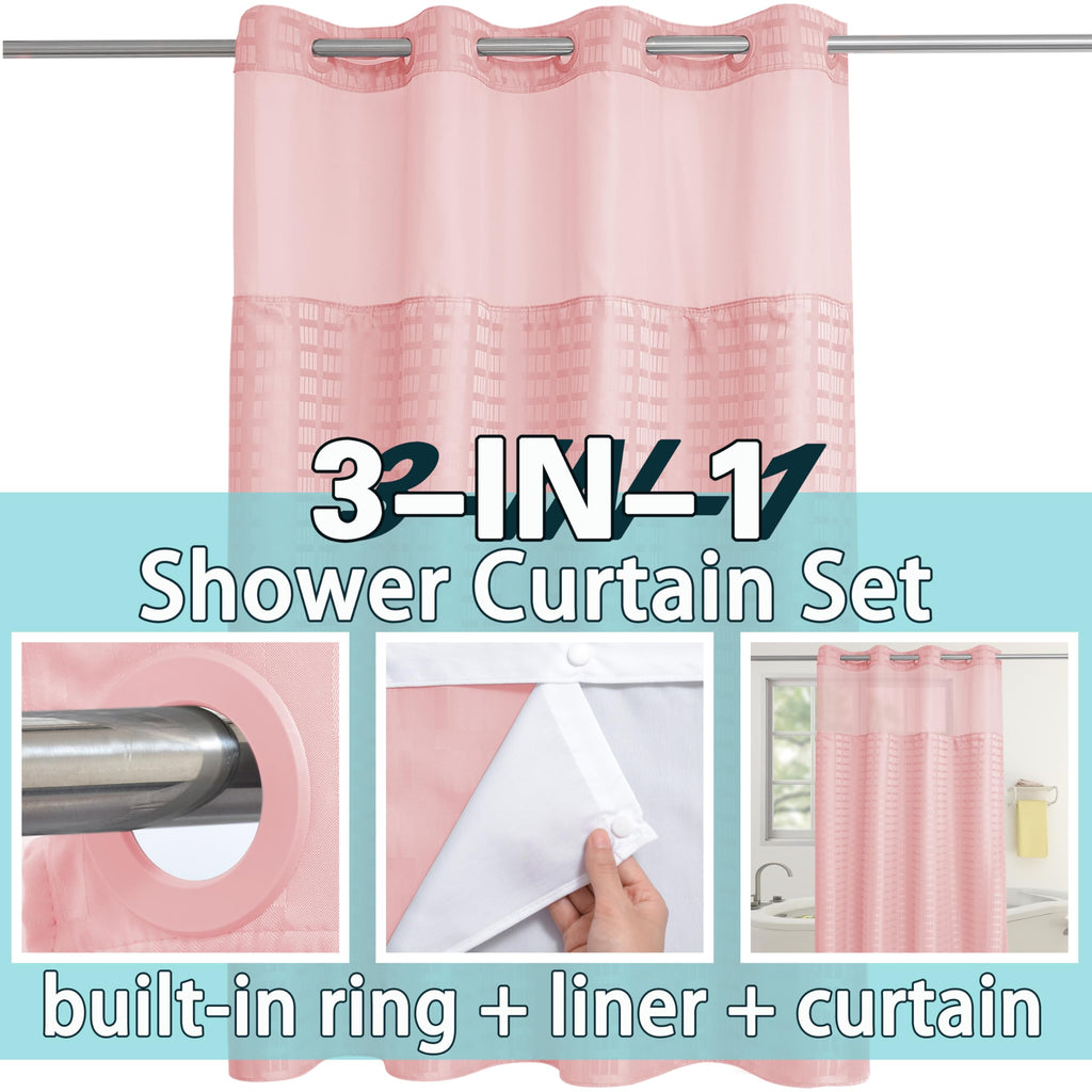 Stall No Hook Shower Curtain with Snap in Liner Set, Hotel Luxury Pink Shower Curtains with See Through Top Window