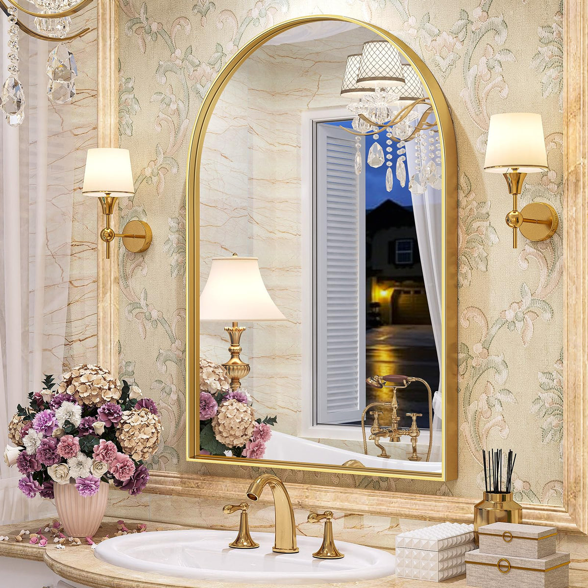 Gold Arched Mirror, 24 x 32 Inch Arch Wall Mirror, Brass Metal Frame Bathroom Mirror, Arched Top Bathroom Vanity