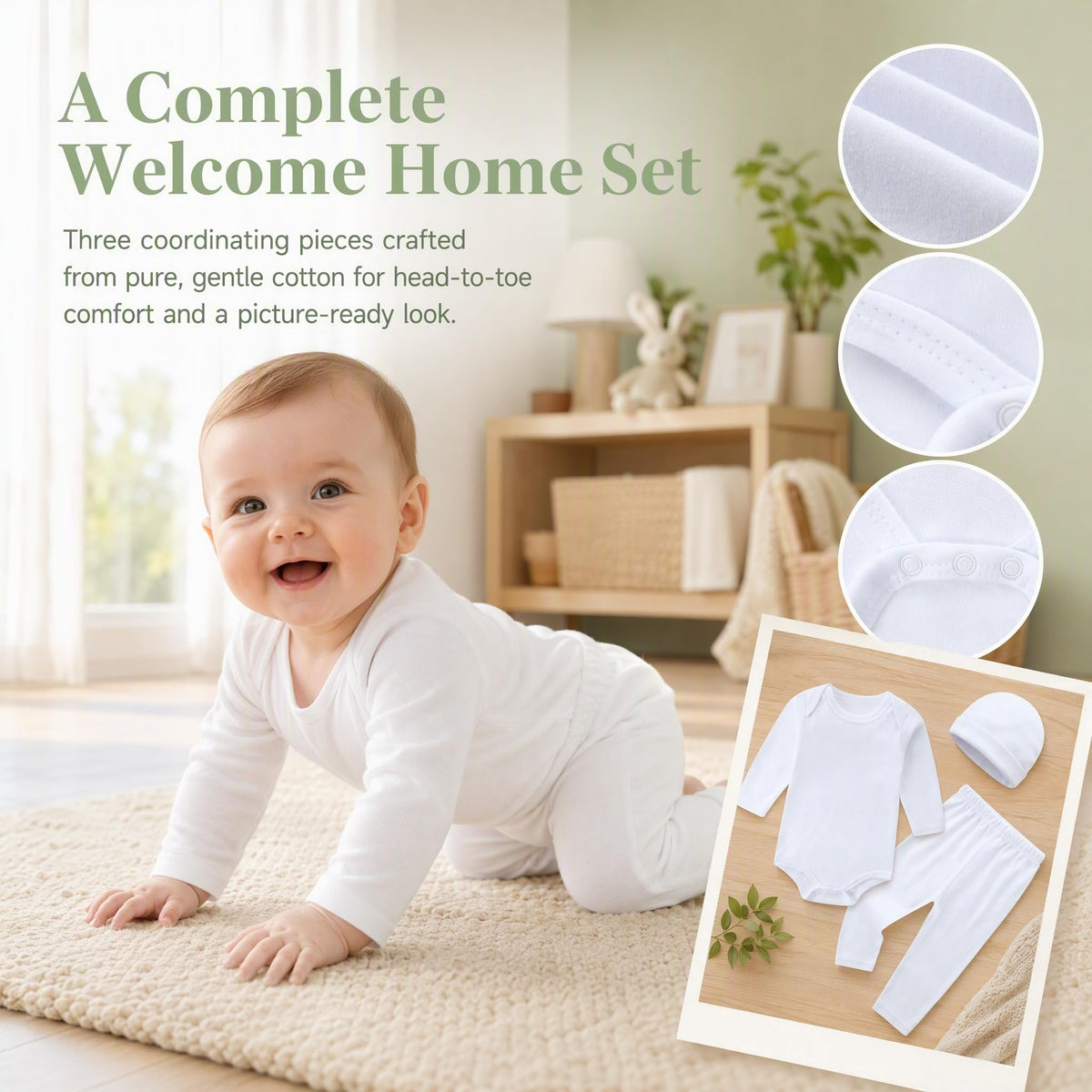 Newborn Boy Girl Clothes Outfit Pants Set White 100% Cotton Bodysuit Unisex Bodysuits Hospital Fall Hat