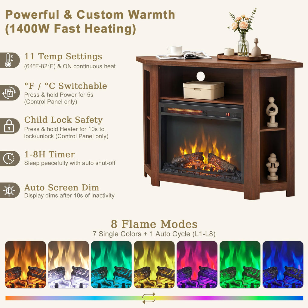 Corner Fireplace TV Stand, TVs up to 50", 44" Electric Fireplace (Walnut)