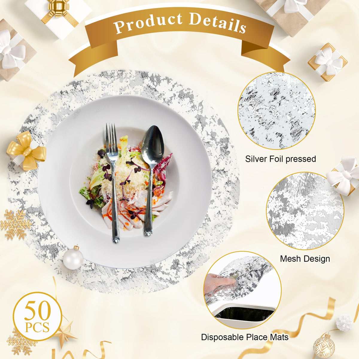 50 PCS Silver Disposable Round Placemats 13 Inch Metallic Foil Mesh Charger Place Mats Silver Doilies for Dining
