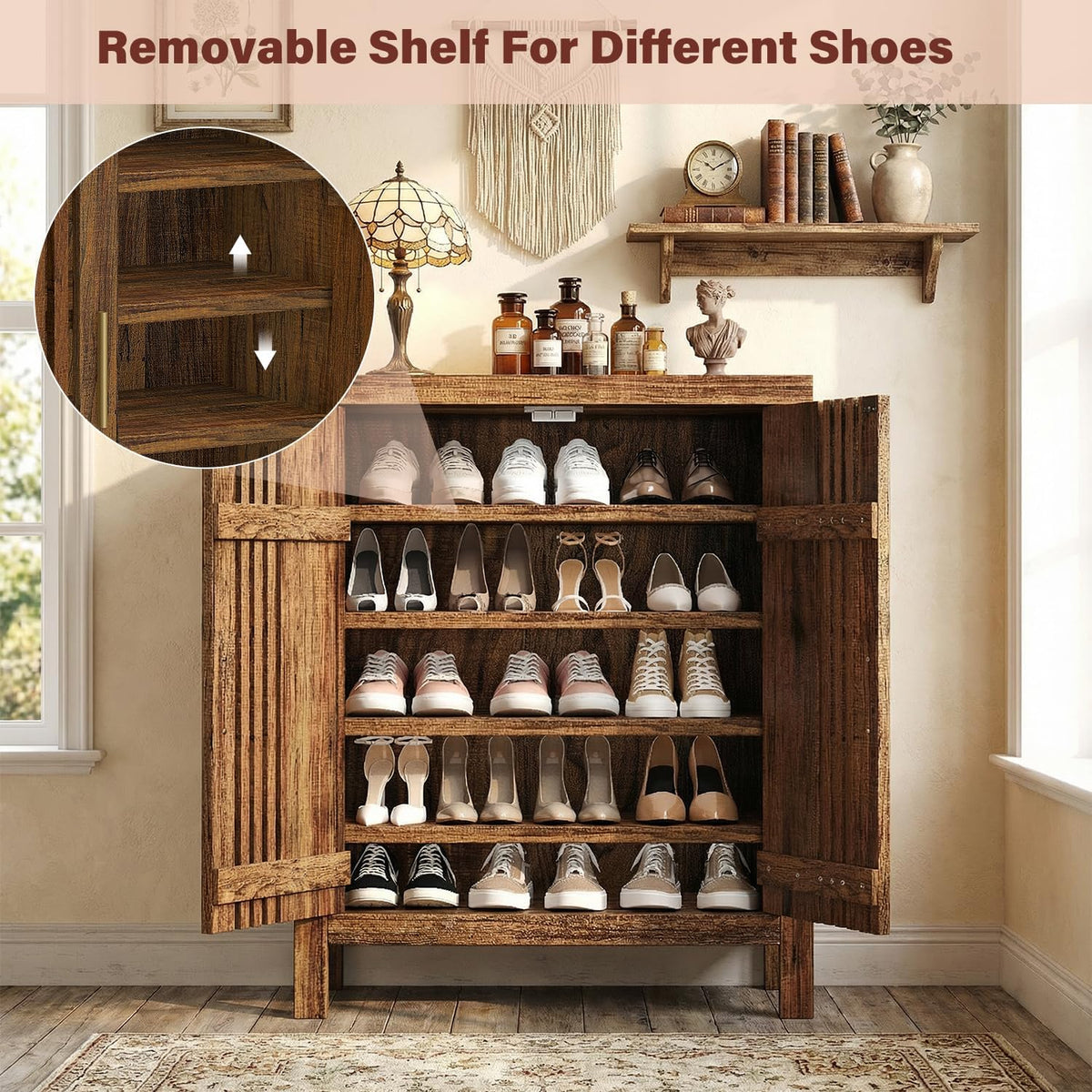Shutter Doors 5-Tier Shoe Storage Cabinet with Adjustable Shelves, Wooden Entryway Cabinet Living Room, Freestanding