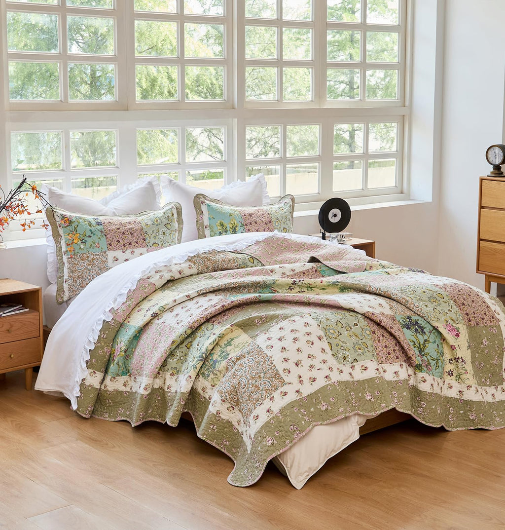 Green Patchwork Quilts Cotton Vintage Coverlet 3PC