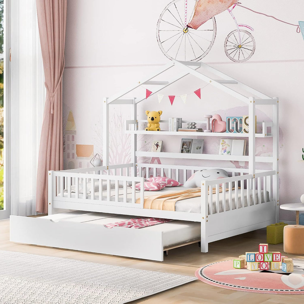 Wooden Full Size House Bed with Twin Size Trundle, Kids Bed with Shelf, White (Full, White+Trundle)