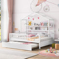 Wooden Full Size House Bed with Twin Size Trundle, Kids Bed with Shelf, White (Full, White+Trundle)