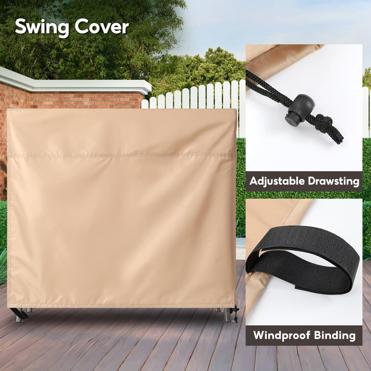 Outdoor 3 Triple Seater Hammock Patio Swing Chair Cover, Water-Resistant, All Weather Protection, Beige Color