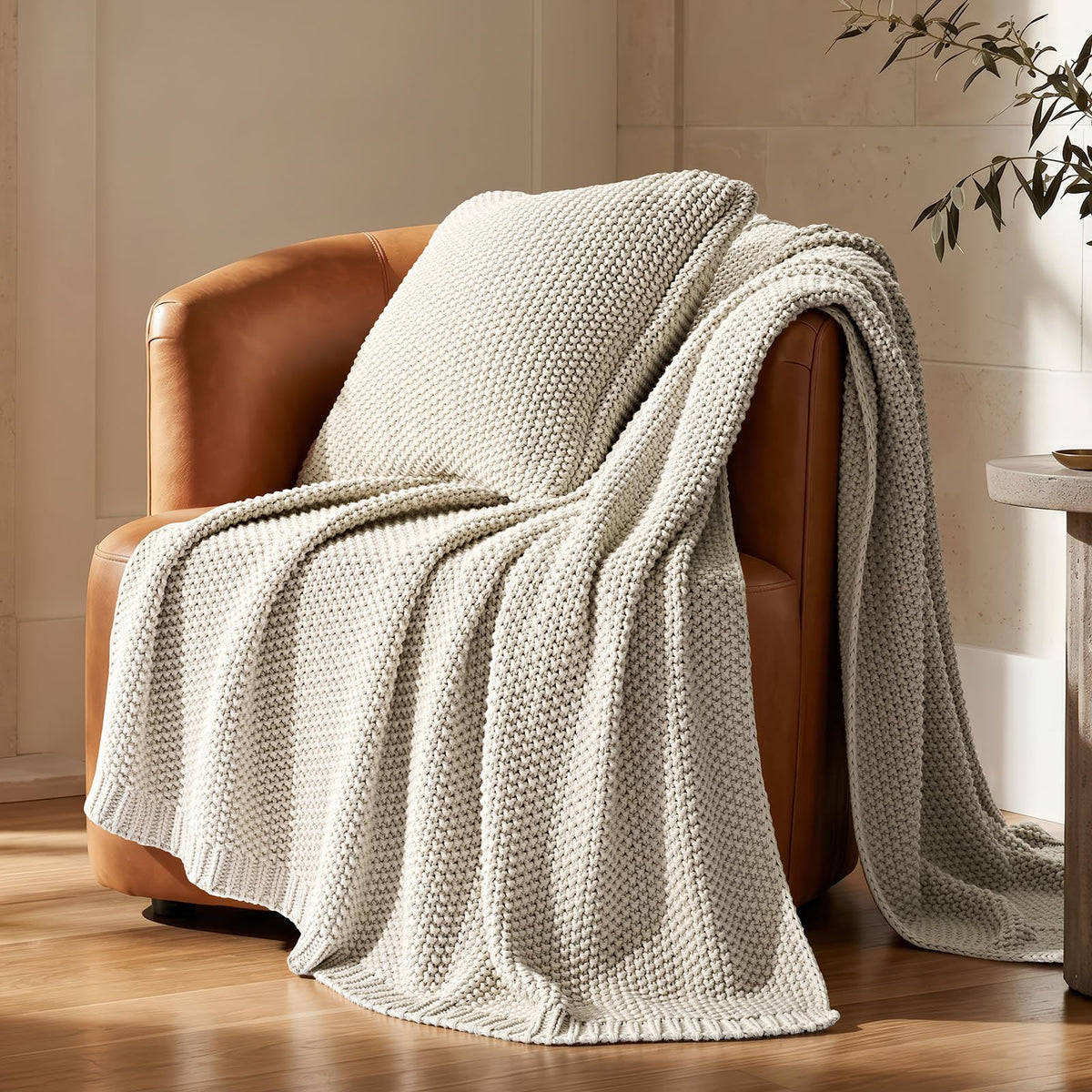 Organic Cotton Chunky Knit Throw Blanket, 50 x 60 Birch