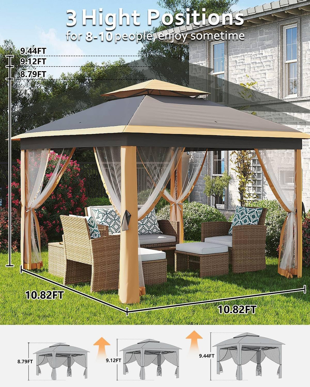 11x11 Pop Up Gazebo Tent with Mosquito Netting, Outdoor Canopy Shelter Easy Setup, Water & UV Resistant - Khaki