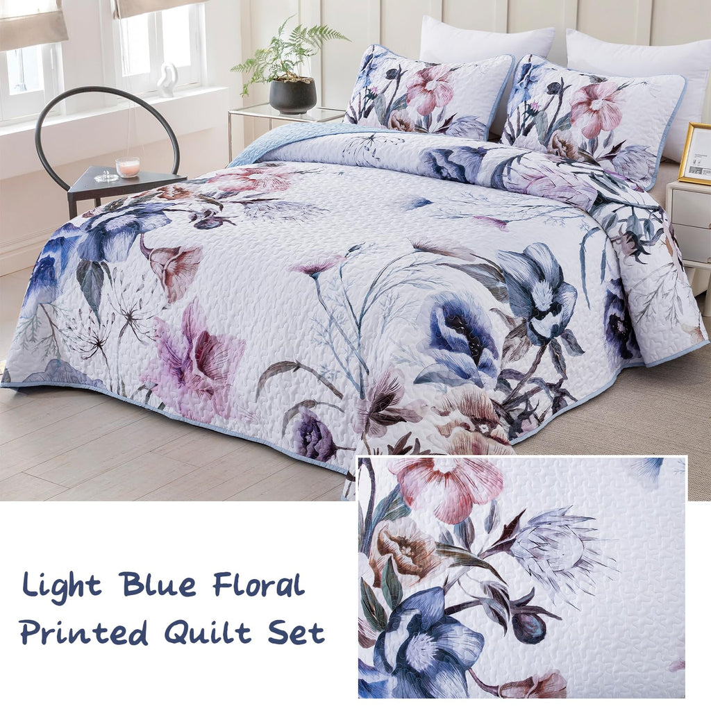 Floral Quilt Set 3 Pieces Light Blue Floral Quilt Coverlet Set