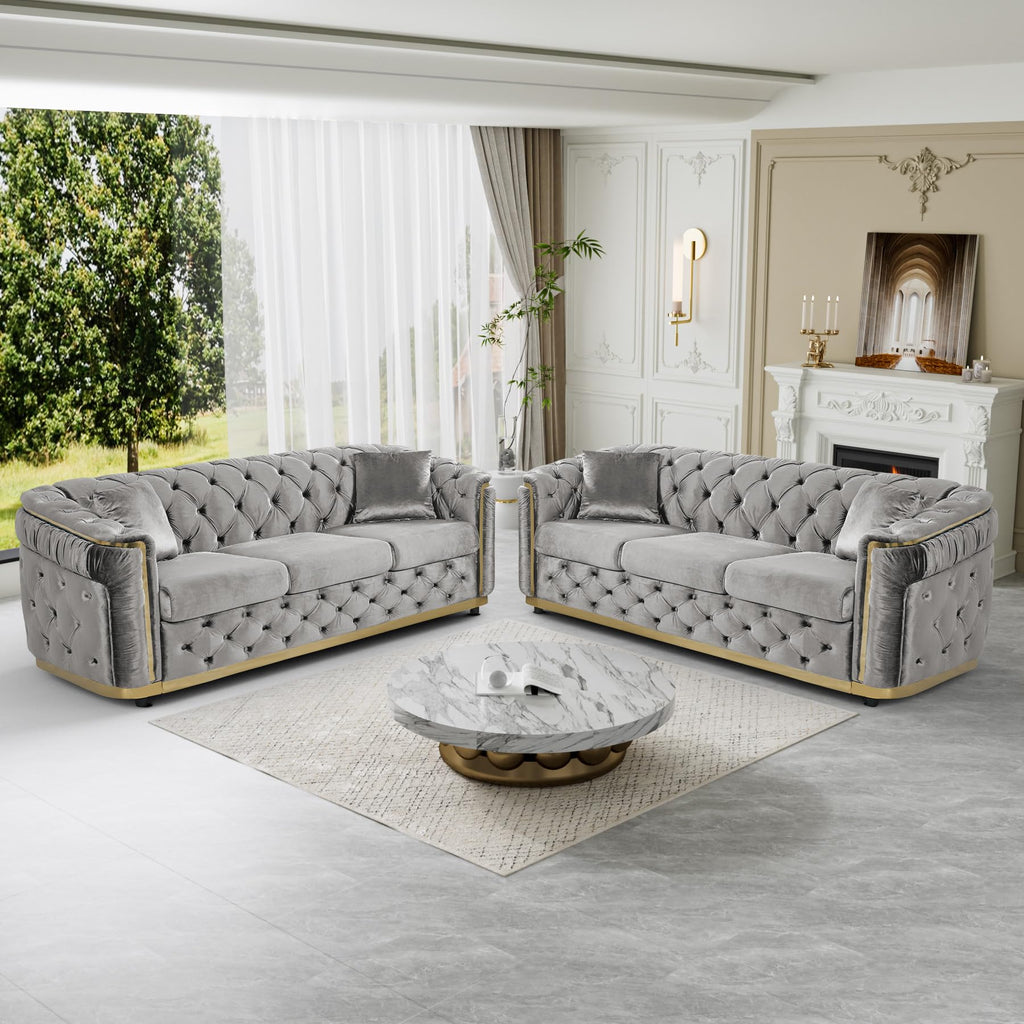 2-Piece 84.6" Sofa Set Chesterfield Tufted with Gold Legs, Grey
