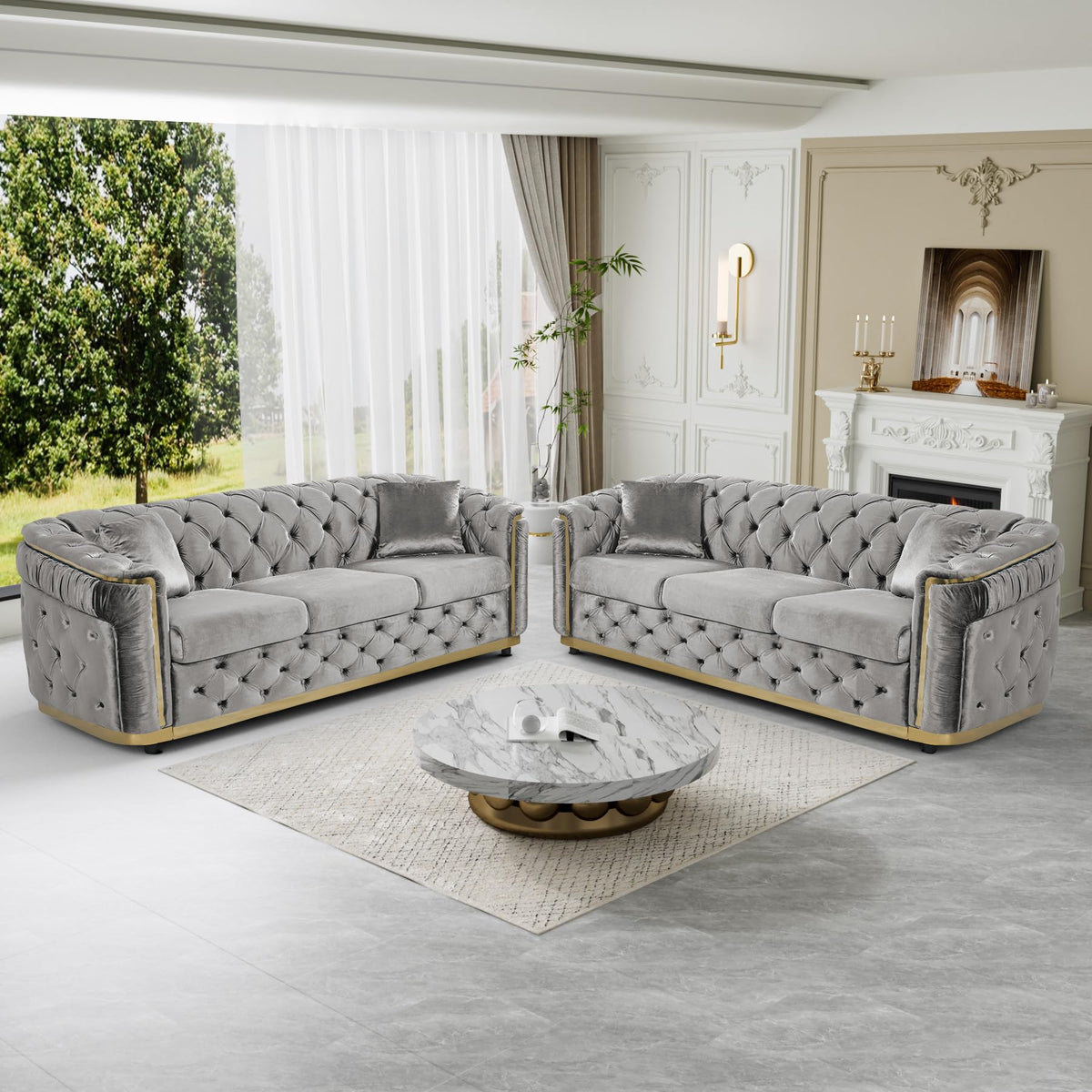 2-Piece 84.6" Sofa Set Chesterfield Tufted with Gold Legs, Grey