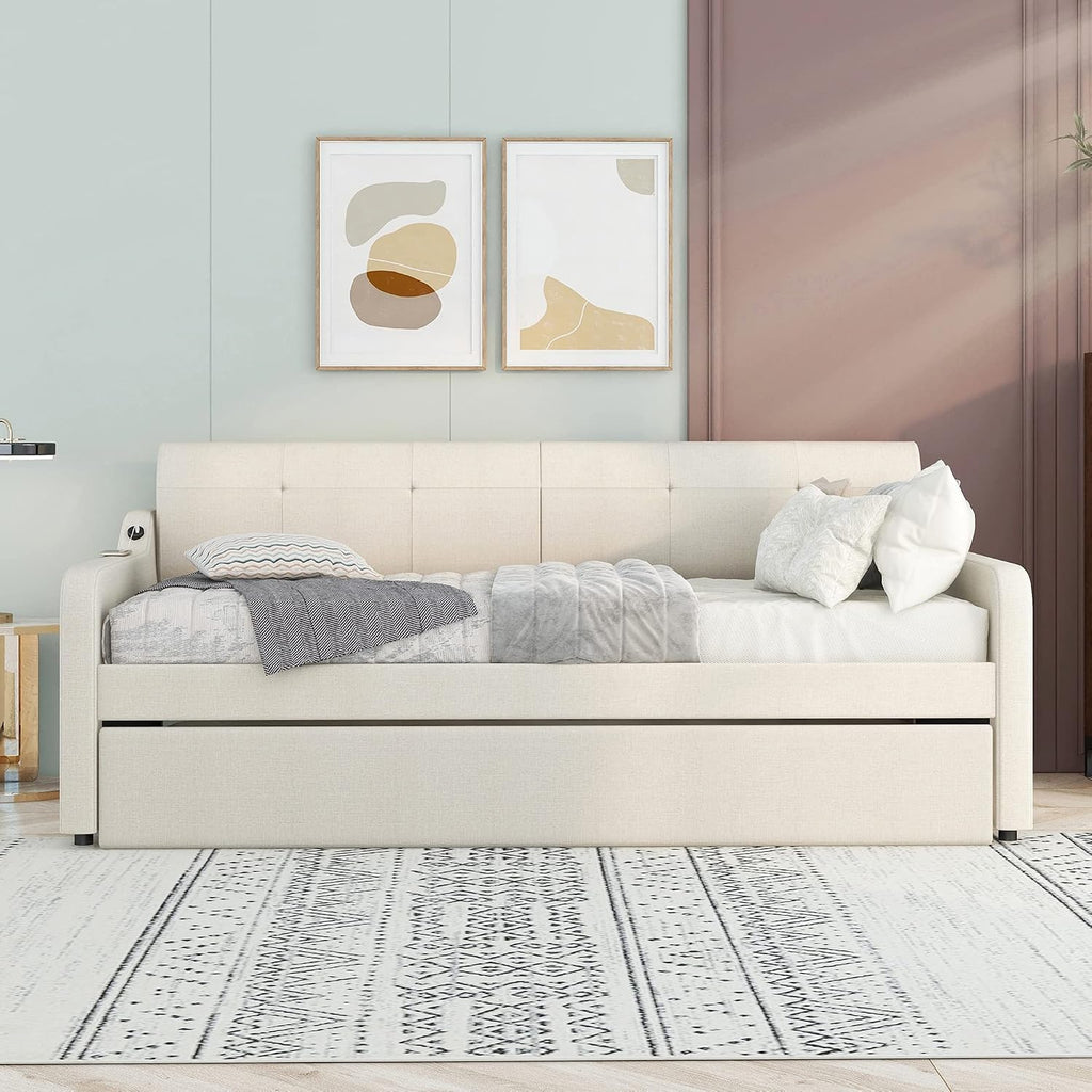Twin Size Upholstered Daybed with Trundle and USB Charging Port, Pop-Up Trundle Flat or Elevated, Woven Fabric Day