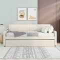Twin Size Upholstered Daybed with Trundle and USB Charging Port, Pop-Up Trundle Flat or Elevated, Woven Fabric Day